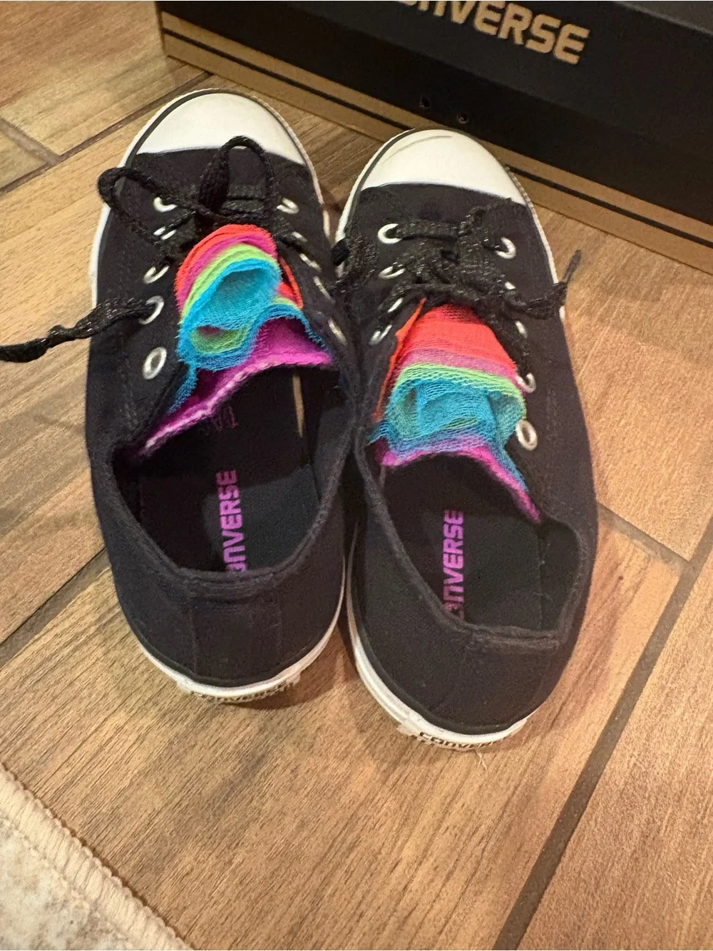 Converse Kids Black Canvas Low Top Sneakers with Multicolor Tongue
